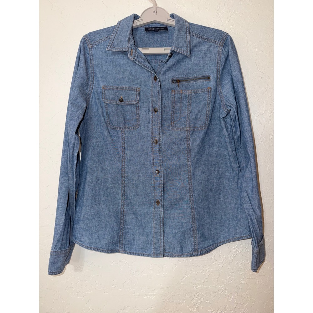 Jones New York Denim Chambray Shirt M Cotton Button Down Zipper Pocket JNY Blue
